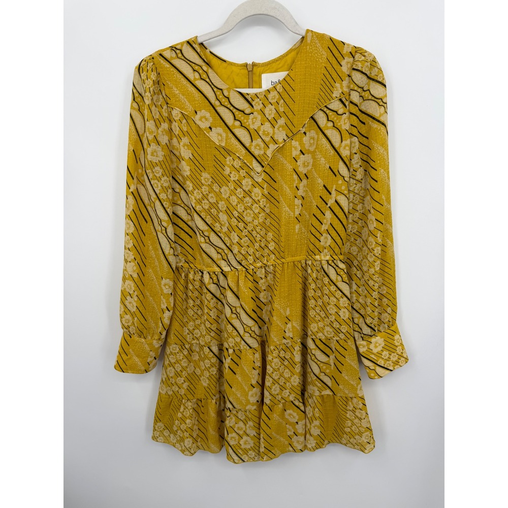 ba&sh Ophe Mini Dress Women Size M 8 Mustard Yellow Floral Tiered Long Sleeve
